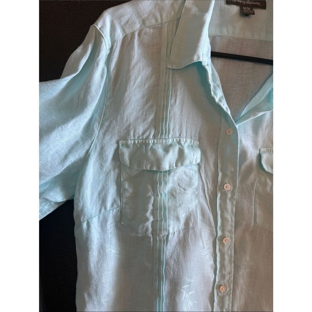 Tommy Bahama Seafoam Green Textured Linen Button-Front Shirt coastal cover up M - Picture 6 of 10